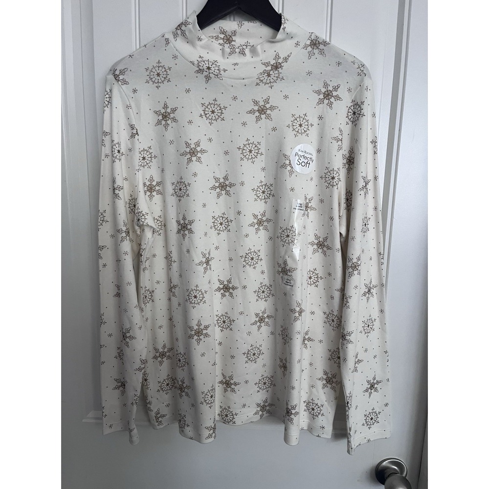 New Kim Rogers Womens Large Turtleneck Mock Neck Beige Gold Snowflake Shirt 421